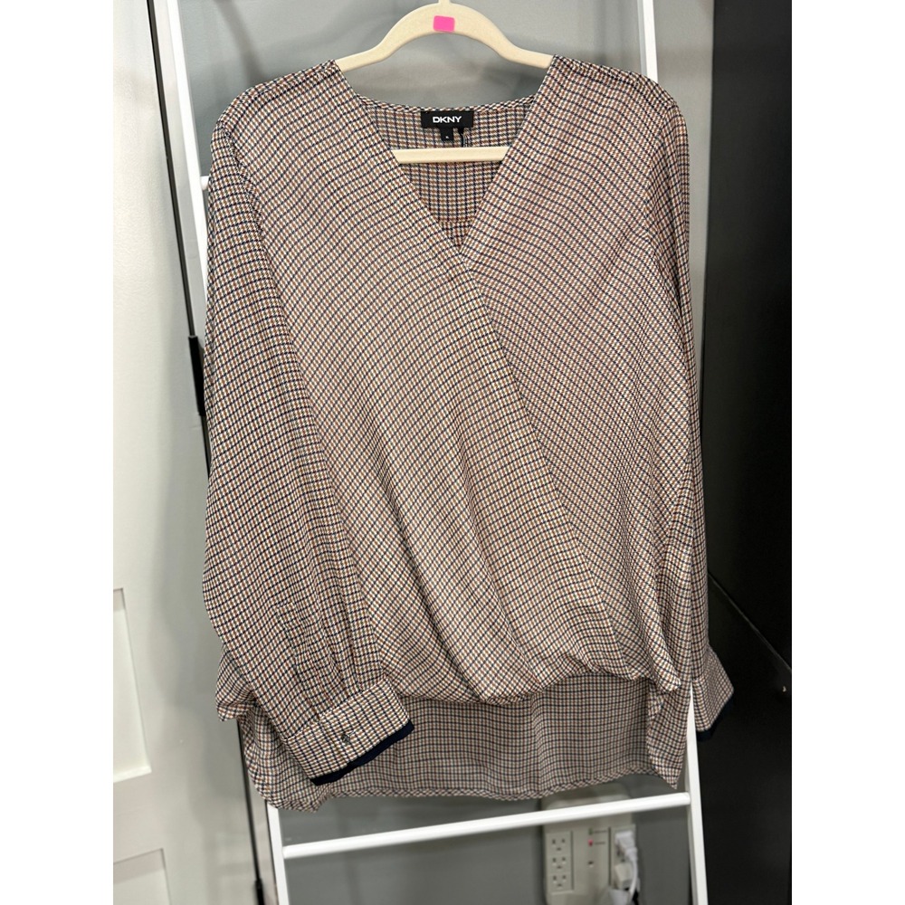 DKNY Womens XL Houndstooth Wrap V-Neck Blouse Long Sleeve High Low Hem Multi